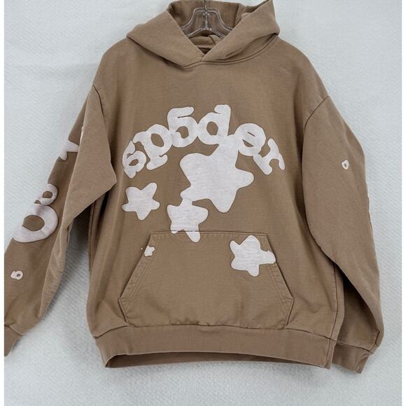 Sp5der Worldwide Beluga Sand Beige Logo Stars Graphic Pullover Hoodie Sz L